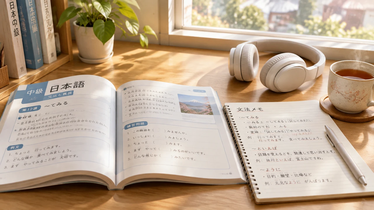 书桌上摊开的中级日语教材与语法笔记