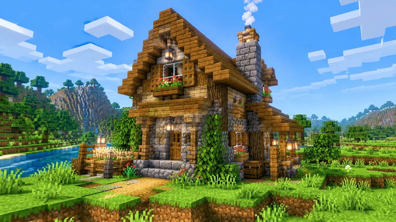 应用 Fresh Textures 后的 Minecraft 建筑场景截图