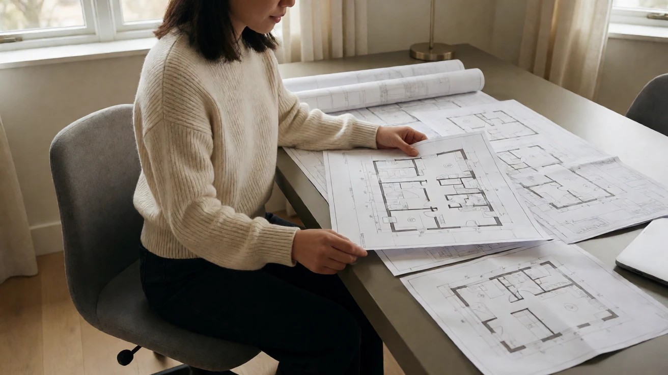 设计师在工作台上对照住宅平面图进行方案复核
