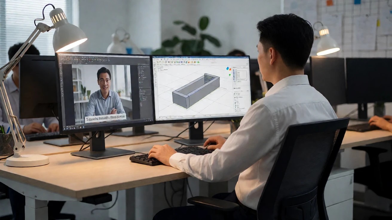 设计师一边看教程视频一边在CAD软件中跟练操作