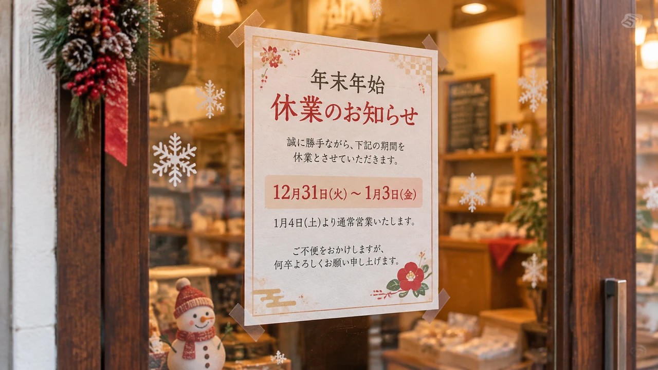 贴在店铺玻璃门上的年末年初休业告知POP