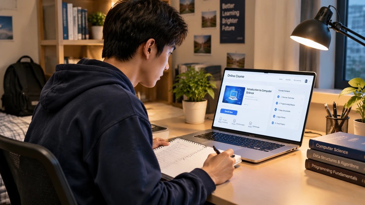 学生在电脑前核对线上课程信息